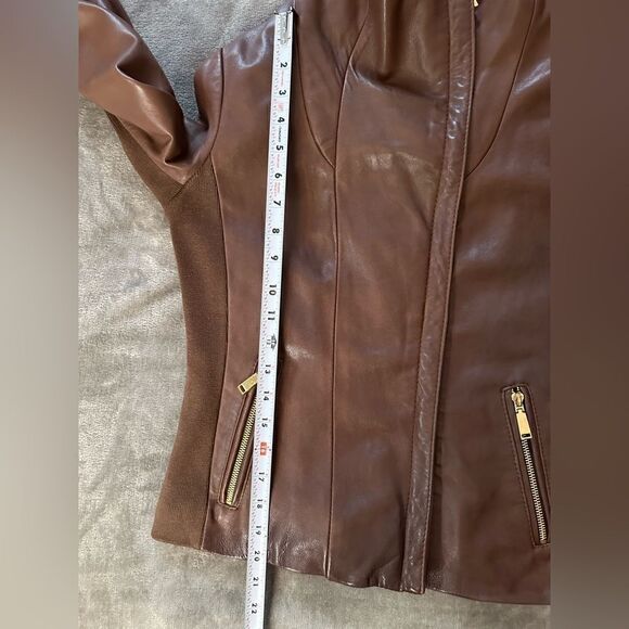 Tahari Lamb Leather Brown Moto Jacket sz M - Picture 11 of 15